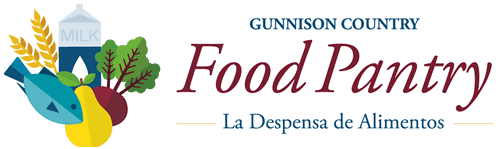 Gunnison Country Food Pantry Logo featuring bright images of a fish, milk, a pear, a beet, and a stalk of wheat. La Despensa de Alimentos.