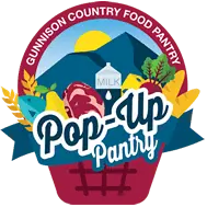 Gunnison Country Food Pantry Pop-up Pantry logo showing mountains, a sun, and brightly colored groceries in a basket.