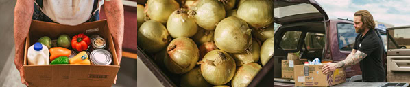 Three photos depicting a box of groceries, a box of onions, and a volunteer delivering food.