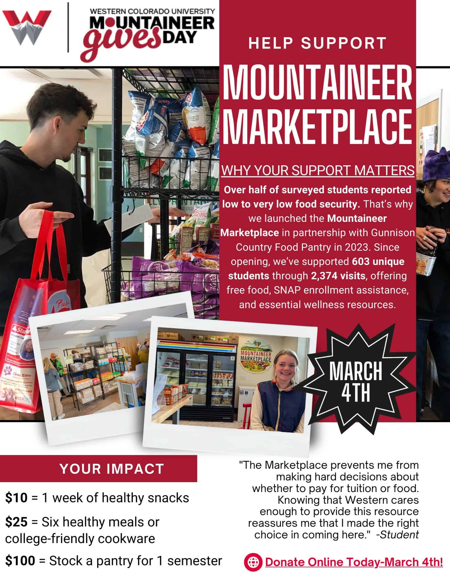 A poster shows  the marketplace and shopping students tells us that $10 = 1 week of healthy snacks, $25 = 6 healthy meals or college-friendly cookware, and $100 = stock a pantry for 1 semester.